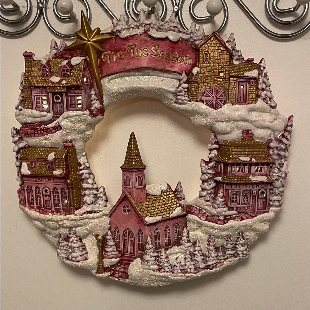 Vintage Ceramic Village Holiday Wreath with Pink/Gold Accents With Lights